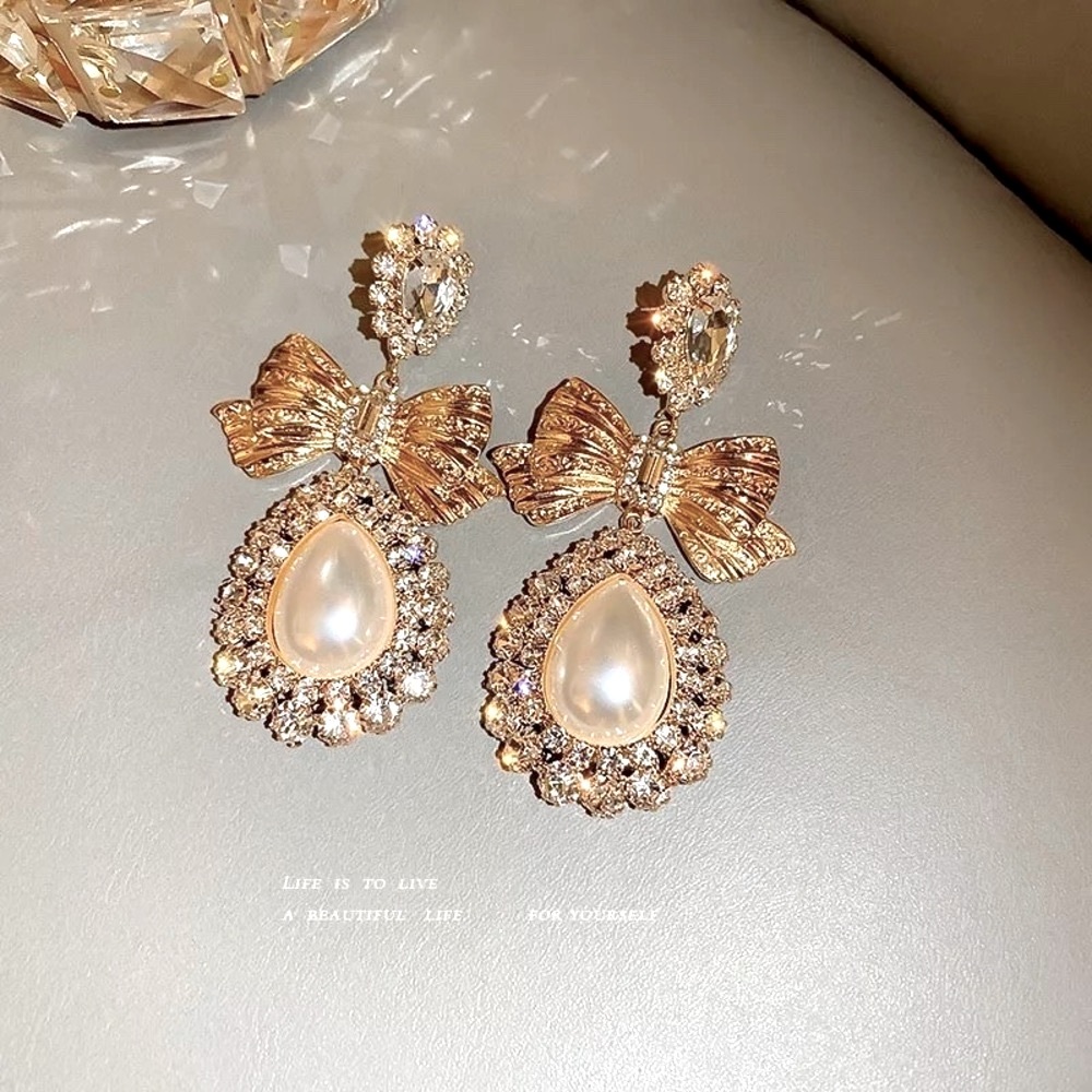 Sterling Silver Gold Tone Rhinestones Faux Pearl Elegant Bowtie Earrings